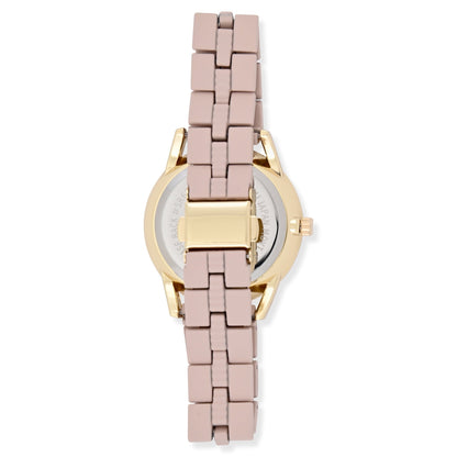 Time and Tru Adult Women's Gold-Tone Round Case Wristwatch with Light Pink Faux Ceramic Link Bracelet.
