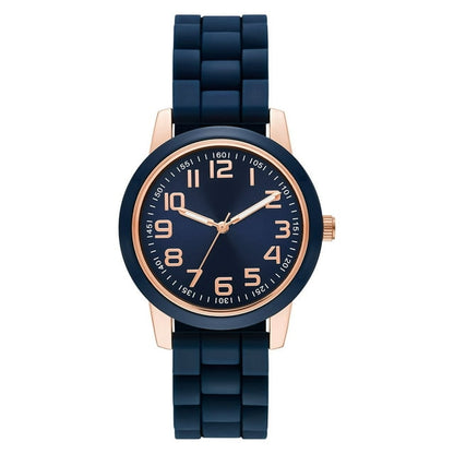 Time & Tru Women's Wristwatch: Rose Gold Case, Blue Bezel, Easy Read Dial, Silicone Strap (FMDOTT073)