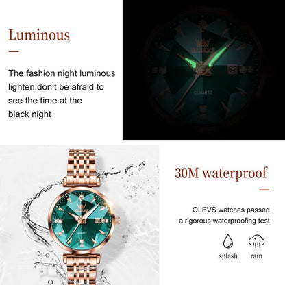 OLEVS Women Watch Fashion Rose Gold Diamond Analog Quartz Female Watch for Women Luxury Dress Ladies Stainless Steel Luminous Waterproof Date Wrist Watches Green Dial