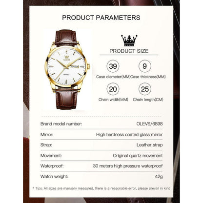 OLEVS Mens Watches,Brown Leather Watch for Men,Gold Plated Case Analog Quartz Fashion Business Dress Watch Luminous Waterproof Casual Male Wrist Watches Reloj para Hombre